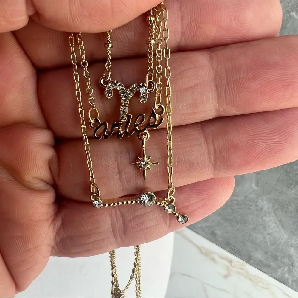 Nordstrom Aries Zodiac Astrology Gold Tone multi layer Necklace 18‎ inches NWOT - Picture 2 of 2